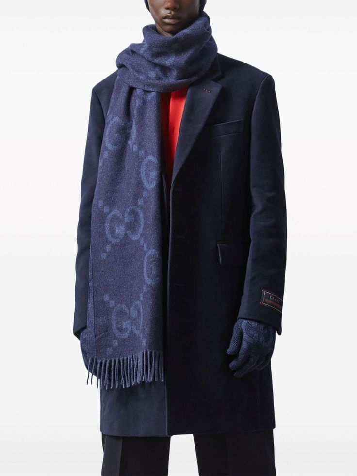 GG-jacquard fringed cashmere scarf from Gucci featuring midnight blue, cashmere, monogram jacquard and fringed edge. This item is in size UNI and the color is Luxury Gucci Scarves For Fall, Gucci Luxury Winter Scarves, Gucci Luxury Winter Scarf, Luxury Gucci Scarves For Winter, Luxury Gucci Scarf For Winter, Luxury Gucci Winter Scarves, Gucci Designer Winter Scarves, Designer Gucci Scarves For Winter, Designer Gucci Winter Scarves