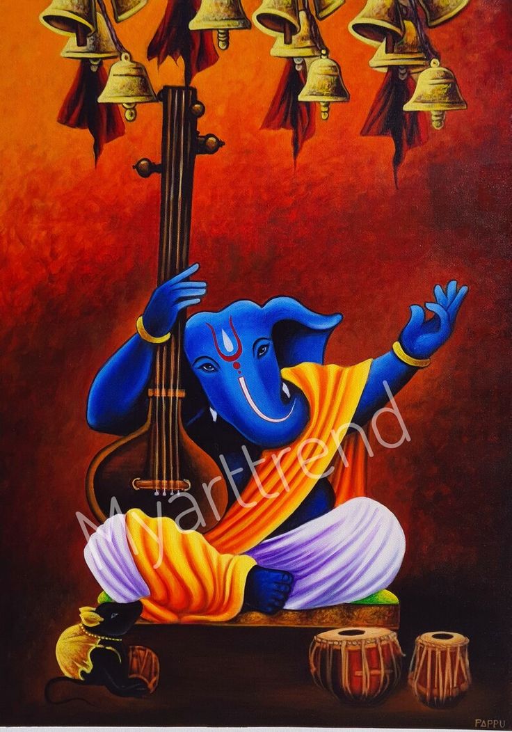 an oil painting of a blue elephant playing the sita