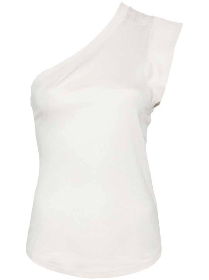 cream white cotton jersey texture asymmetric design tonal stitching one-shoulder sleeveless curved hem White Tops With Asymmetrical Neckline For Summer, White Fitted One-shoulder Tank Top, White Fitted One-shoulder Top, Fitted White One-shoulder Tank Top, Fitted White One Shoulder Top, White Chic Tank Top With Asymmetrical Neckline, Chic White Tank Top With Asymmetrical Neckline, White Cotton One Shoulder Top For Spring, White Cotton One-shoulder Top For Summer