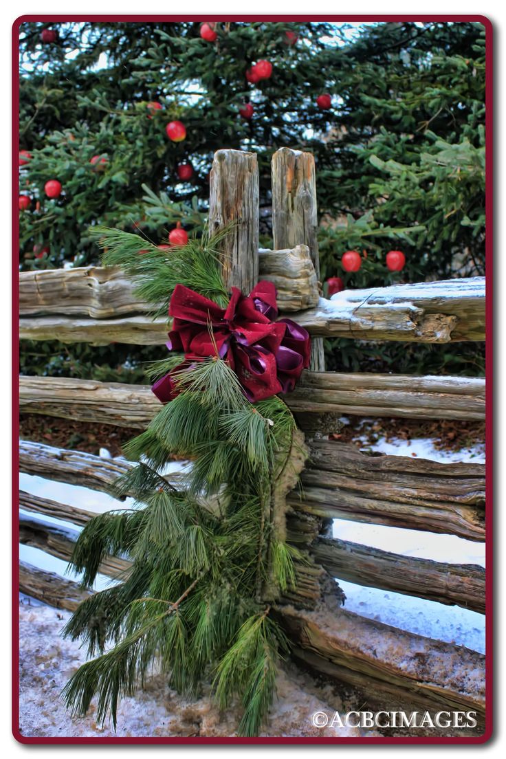 a wooden fence decorated with christmas decorations