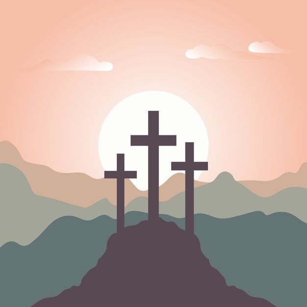 three crosses on top of a hill with the sun setting behind them and hills in the background