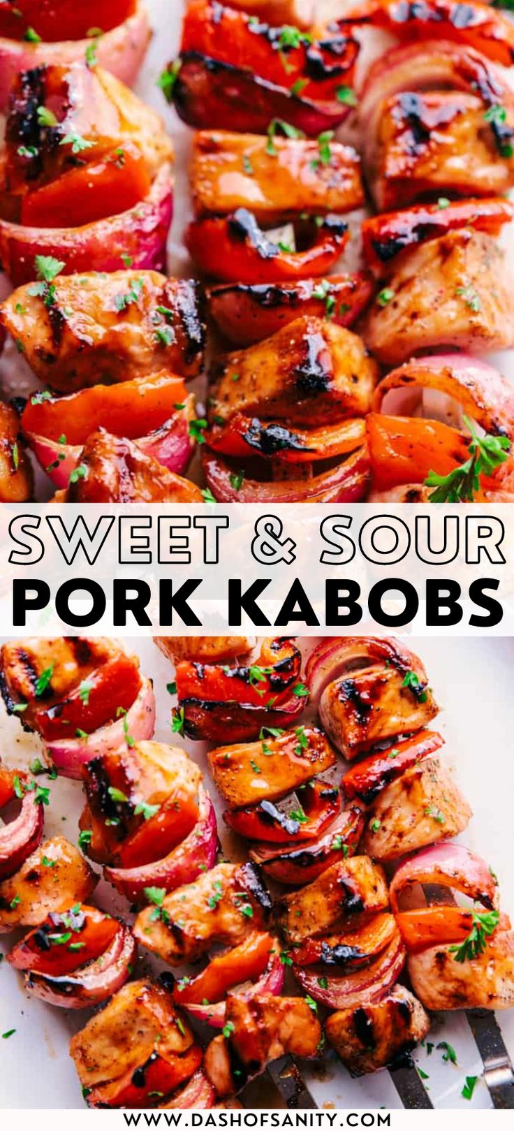 sweet and sour pork kabobs on a white plate with text overlay that reads sweet and sour pork kabobs