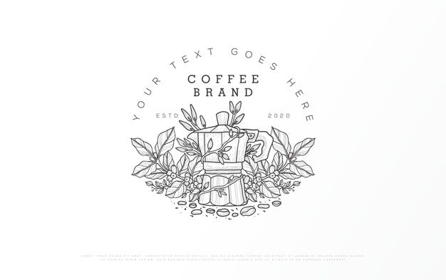 the coffee brand logo is drawn in black and white on a white background with leaves