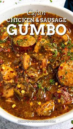 chicken and sausage gumbo in a white bowl with the title overlay above it