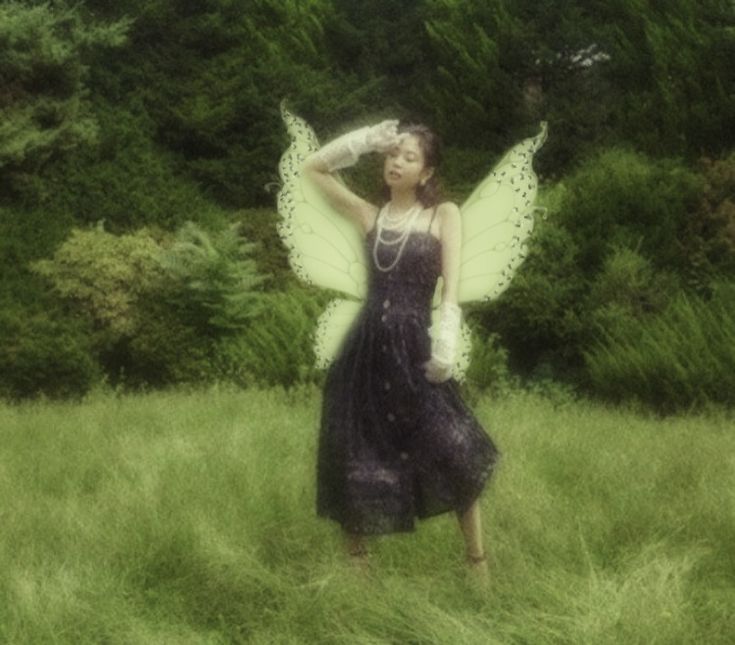 a woman in a dress with wings standing in the grass