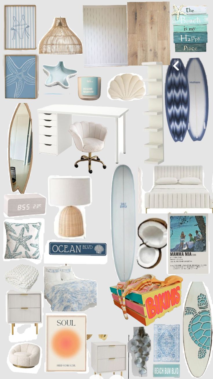 a collage of various items including surfboards, pillows and other things on display