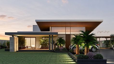 a modern house with palm trees in the front yard at sunset or dawn, rendering