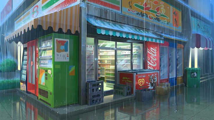 a digital painting of a store front with soda machines on the outside and colorful awnings