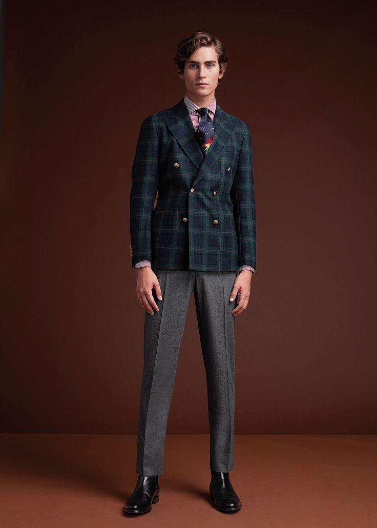 Plaid Double Breasted Wool Jacket Fall Double-breasted Suits With Long Sleeve, Classic Double-breasted Tweed Jacket For Fall, Double Breasted Suit With Lapel Collar For Fall, Plaid Notch Lapel Outerwear For Semi-formal Occasions, Fall Classic Tweed Jacket With Double-breasted Buttons, Classic Fall Tweed Jacket With Double-breasted Buttons, Luxury Plaid Long Sleeve Suits, Luxury Long Sleeve Plaid Suits, Double-breasted Plaid Outerwear For Fall