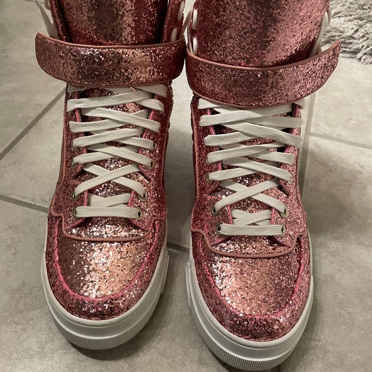 Worn Once! Rare! Super Cute Givenchy Pink Glitter Sneaker. High-Top Sneaker That You Can Dress Up Or Down. Size 7 Pink Embellished Sneakers For Party, Glamorous Embellished Lace-up Sneakers, Glamorous Sneakers With Bling And Round Toe, Glamorous Bling Sneakers With Round Toe, Glamorous Bling Lace-up Sneakers, Pink Rhinestone Party Sneakers, Metallic Lace-up Sneakers For Party, Pink High-top Sneakers For Party, Party Sneakers With Sequins And Round Toe