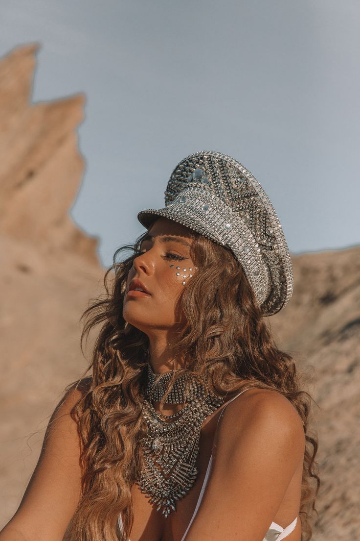 "A real head turner!! \"silver diva \" handmade captain hat available in sizes 56cm to 59cm perfect for burning man" Hat Festival Outfit, Coachella Chic, Women Steampunk, Silver Hat, Bespoke Hats, Steampunk Festival, Bridal Hat, Festival Hat, Coachella Outfit