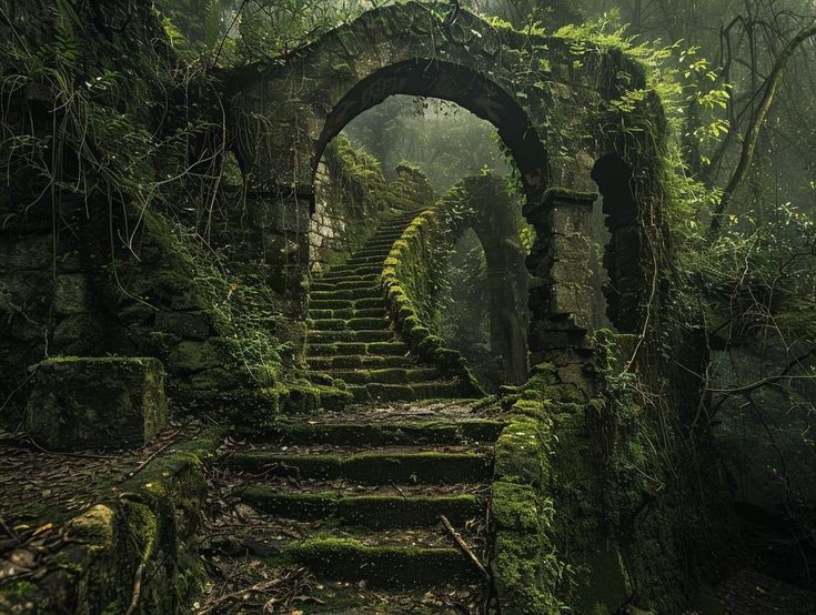 an arch in the middle of a forest with moss growing on it's sides