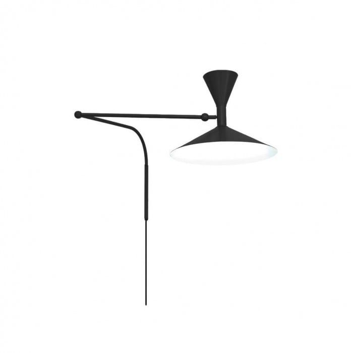 a black and white floor lamp with a light on it's side, against a white background