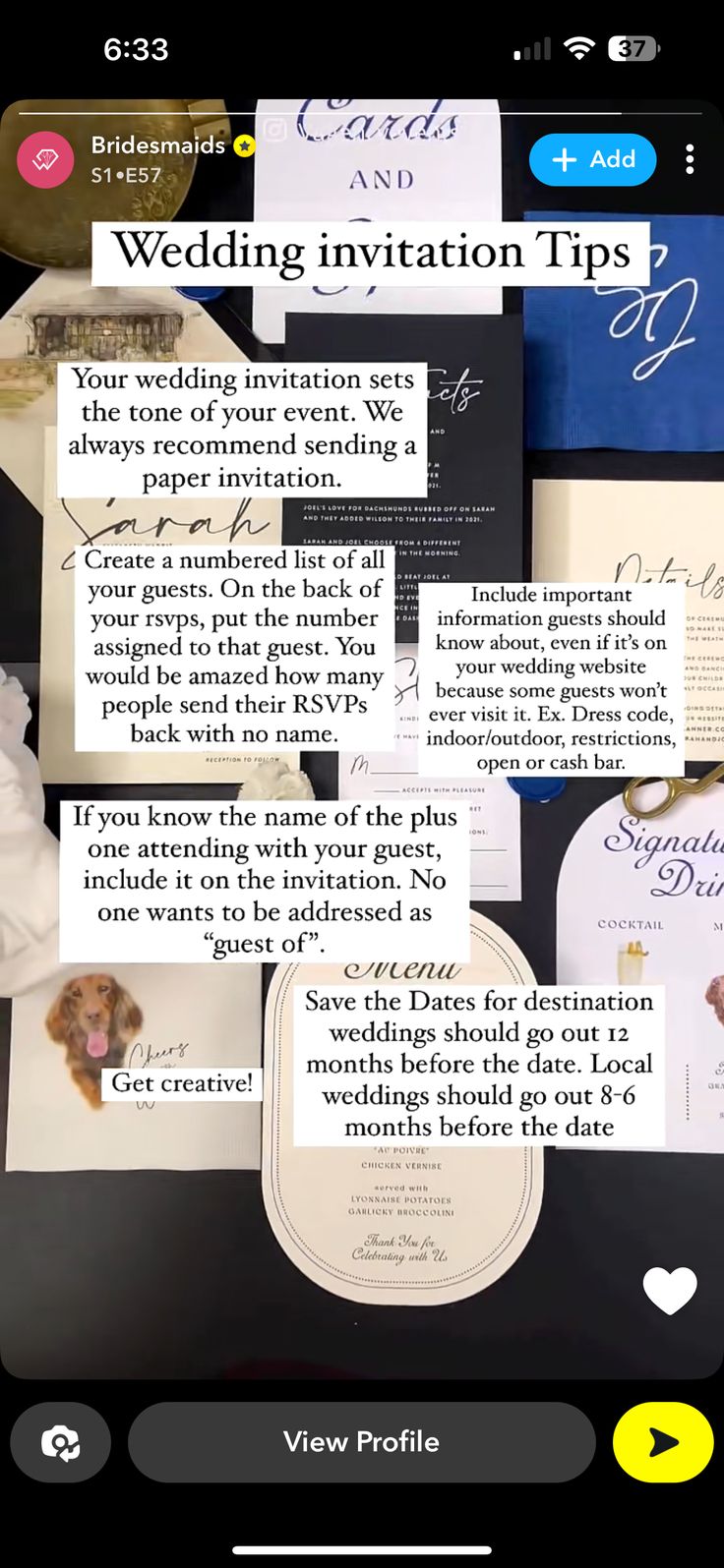 an image of wedding information on the app store's phone screen, with notes and photos pinned to it