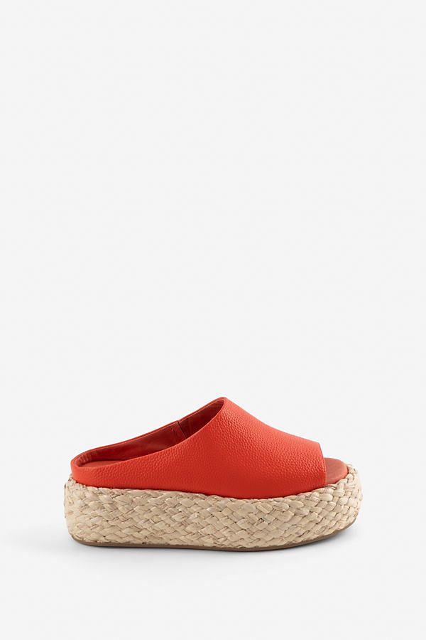 Leather upper Memory foam insole Rubber sole Raffia heel Slip-on styling Imported | Hightide Sandals by Intentionally Blank in Red, Women's, Size: 9, Leather/Rubber at Anthropologie Straw Sandals With Textured Sole And Round Toe, Modern Sandals With Woven Sole And Slip-on Design, Beach Mules With Cushioned Footbed And Wedge Heel, Synthetic Espadrilles With Textured Sole For Vacation, Beach Wedge Heel Mules With Cushioned Footbed, Cushioned Wedge Heel Mules For The Beach, Synthetic Espadrilles With Textured Sole For The Beach, Espadrille Open Toe Sandals With Textured Sole, Espadrille Sandals With Textured Sole And Open Toe