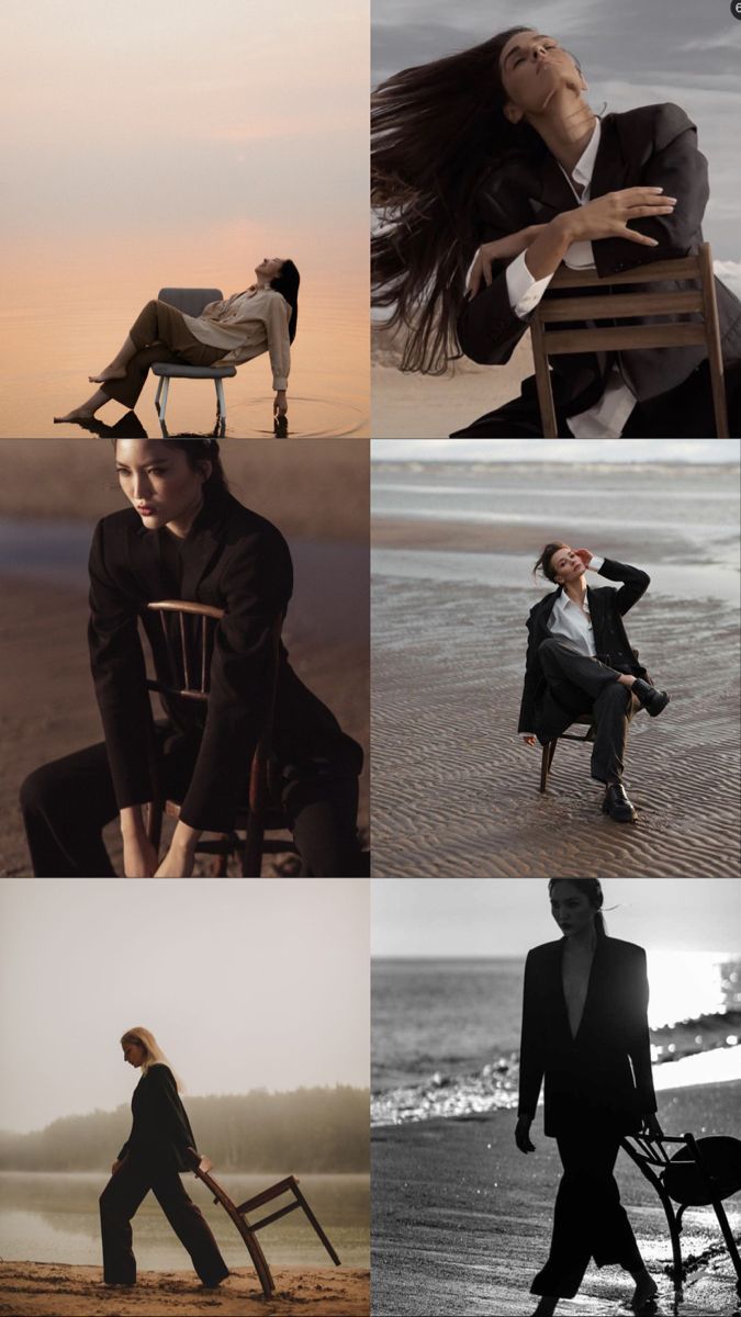 a series of photos showing different people in suits and ties, with one woman sitting on a chair