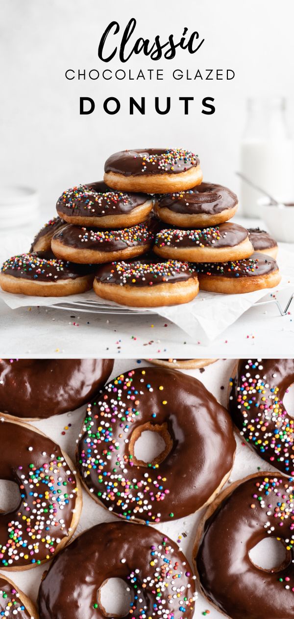 chocolate glazed donuts with sprinkles on top and in the middle, next to a pile of doughnuts