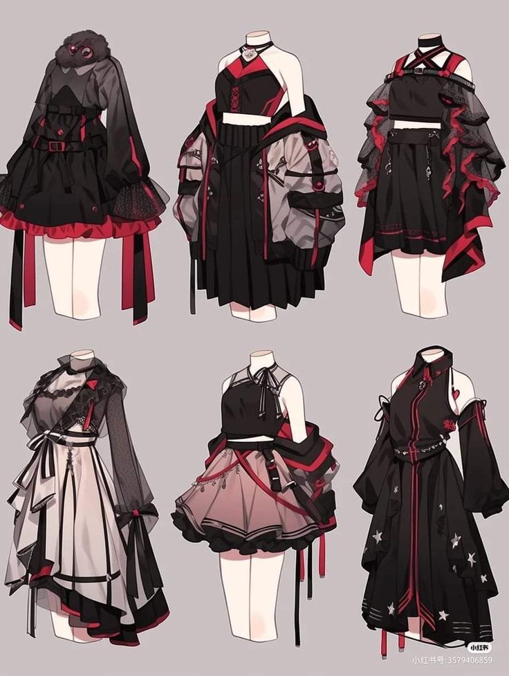 four different types of clothes on mannequins, all in black and red