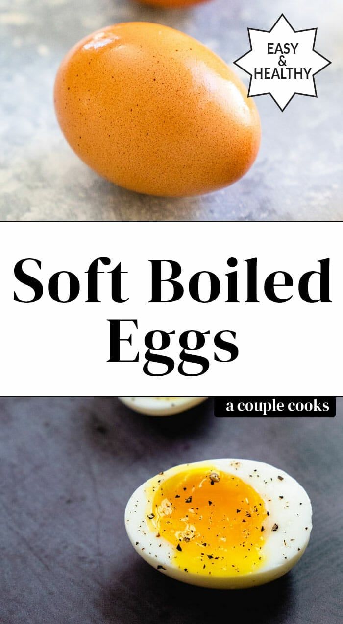 soft boiled eggs on a table with text overlay