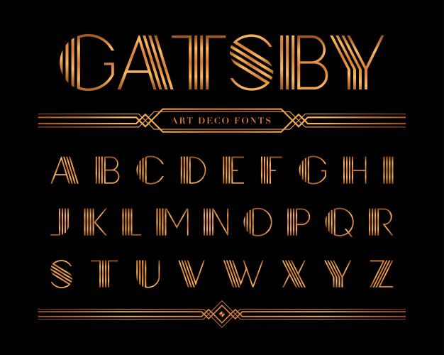 an art deco font in gold and black with the letter gatsby on it