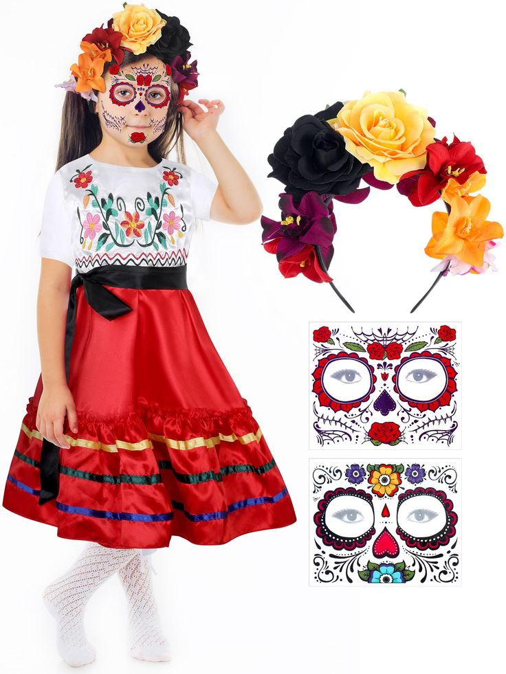 PRICES MAY VARY. Comprehensive Cinco De Mayo Costume Set: the Mexican costume set is comprehensive and elegant, containing meticulous details catering to the need of the user; Included within the package are 1 traditional Mexican dress accompanied by black belt, 1 floral headband, and 2 face tattoo stickers; This wonderful combination is ideal for special occasions like Cinco de Mayo, Day of the Dead, and serving as delightful party favors Reliable Quality: the Halloween Mexican dress for girls 2 Face Tattoo, Mayo Dress, Mexican Belt, Catrina Costume, Mexican Party Favors, Temporary Face Tattoos, Mexican Hairstyles, Rose Flower Headband, Traditional Mexican Dress