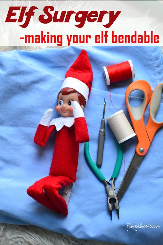 an elf laying on top of a blue sheet next to scissors and sewing needles with text overlay that reads, elf surgery making your elf bendable