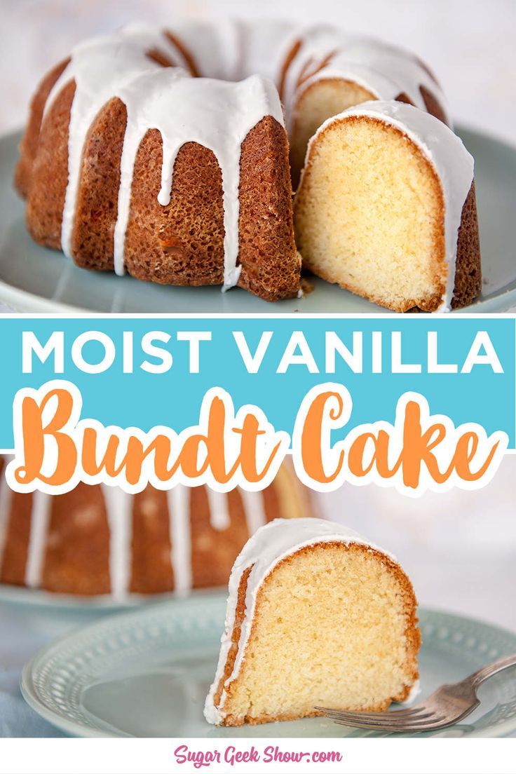 a bundt cake with white icing on top and the words, moist vanilla bundt cake