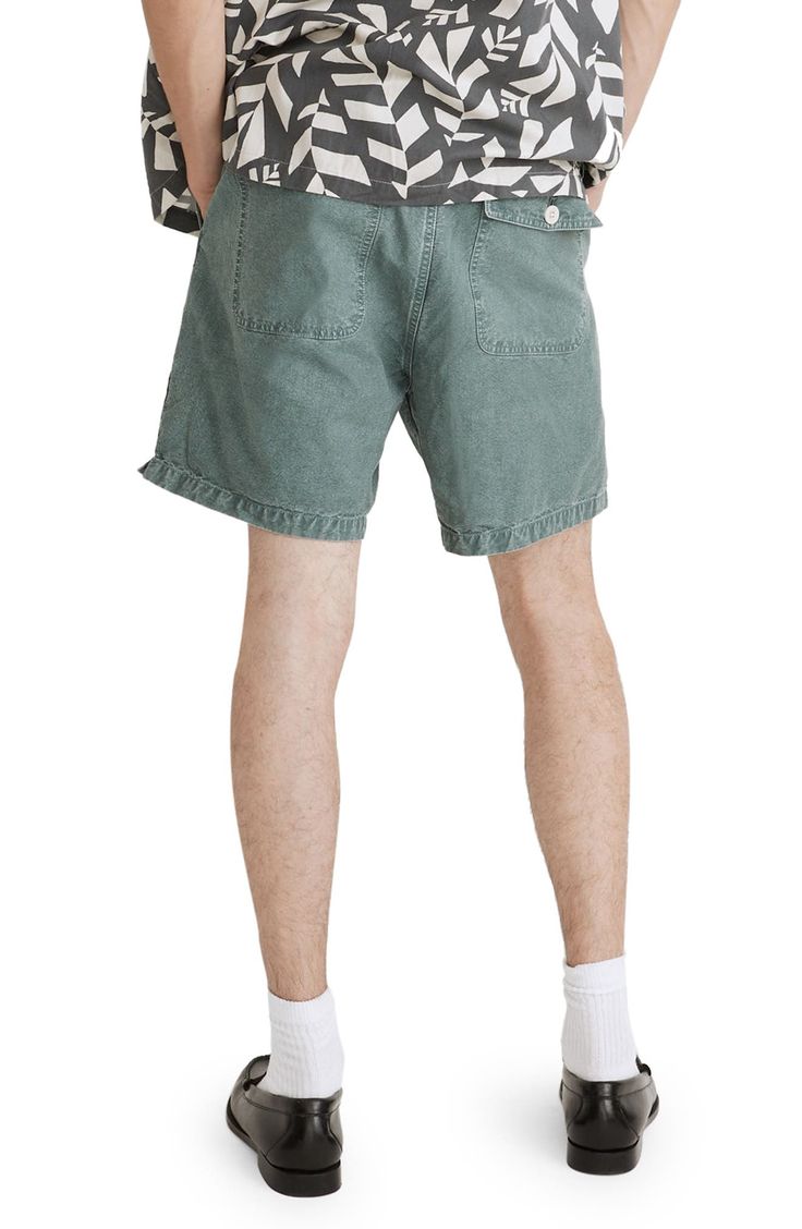 Crafted of a breathable blend of cotton and hemp, these classic chino shorts are garment-dyed for a cool worn-in vibe. With a zip fly in front and elastic in back, they are pull-on easy with a functional drawstring that can be stashed away in the waistband. 6 1/2" inseam; 24 1/2" leg opening; 12" front rise 70% cotton, 30% hemp Machine wash, tumble dry Imported Summer Utility Bermuda Knee-length Shorts, Utility Bermuda Knee-length Shorts For Summer, Utility Style Knee-length Bermuda Shorts For Summer, Summer Utility Cotton Bermuda Shorts, Utility Cotton Bermuda Shorts For Summer, Utility Style Cotton Cargo Shorts For Summer, Utility Cotton Shorts For Summer, Spring Cargo Shorts With Elastic Waistband And Relaxed Fit, Relaxed Fit Washed Blue Cotton Bottoms