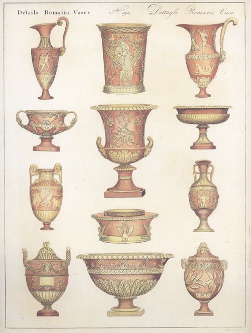 an antique illustration of vases and urns