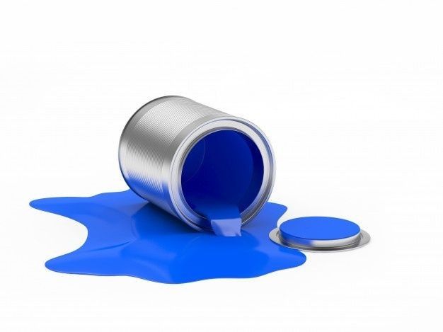 a blue paint spilled on the ground next to a metal container with a lid that is open