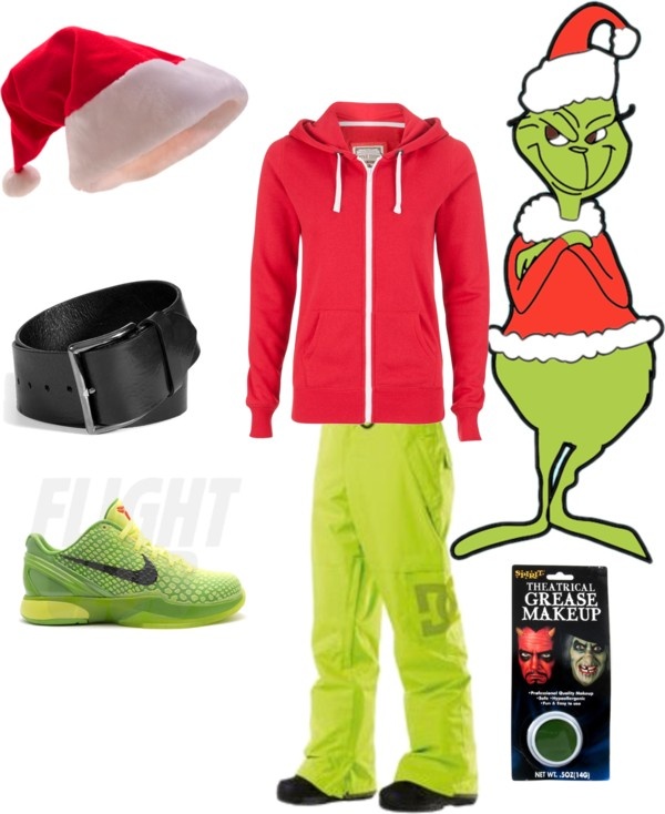 the grinch is wearing green pants and a red hoodie with a white hat