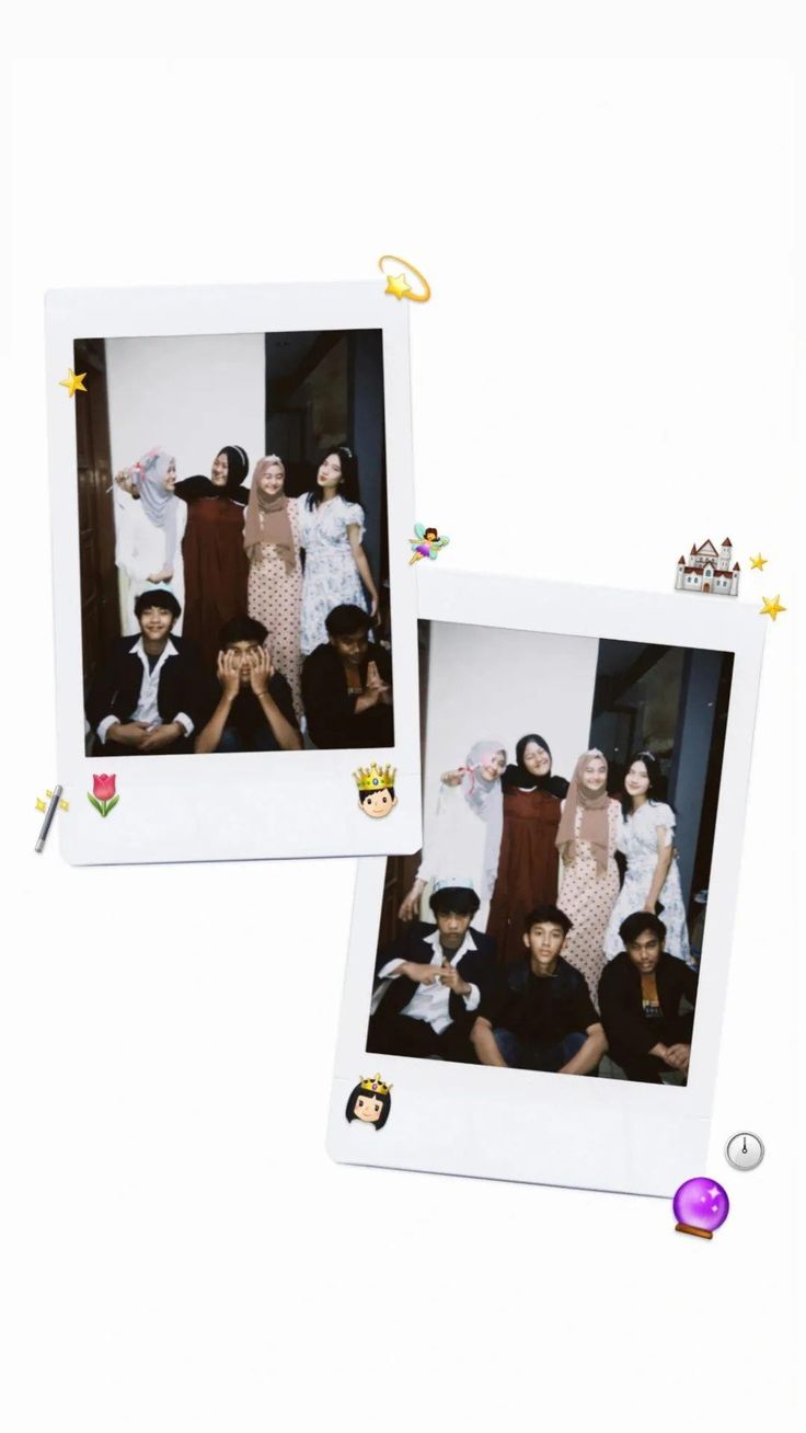 two polaroid frames with people dressed in costumes and holding up their hands, standing next to each other