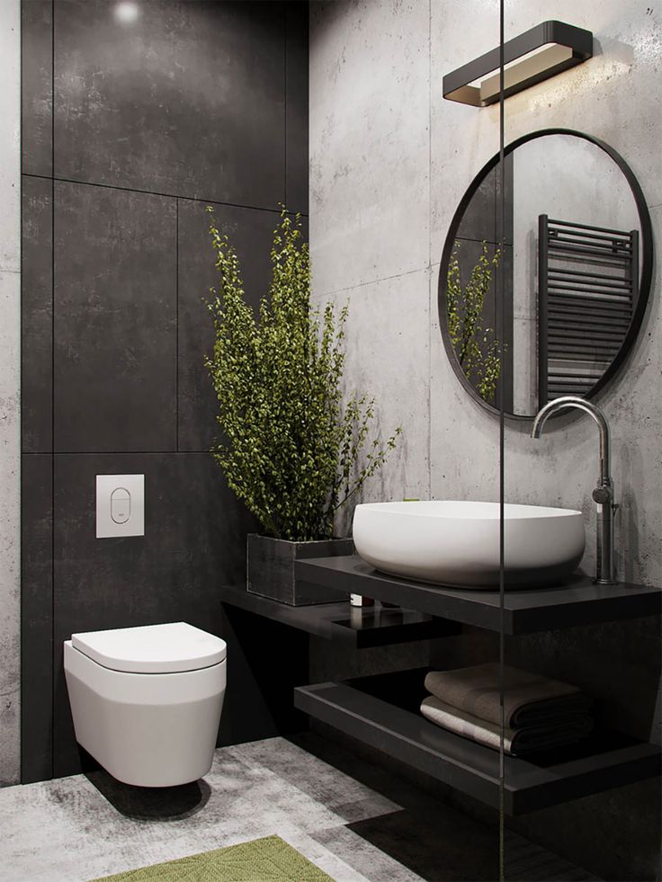 a bathroom with a toilet, sink and mirror on the wall next to a plant