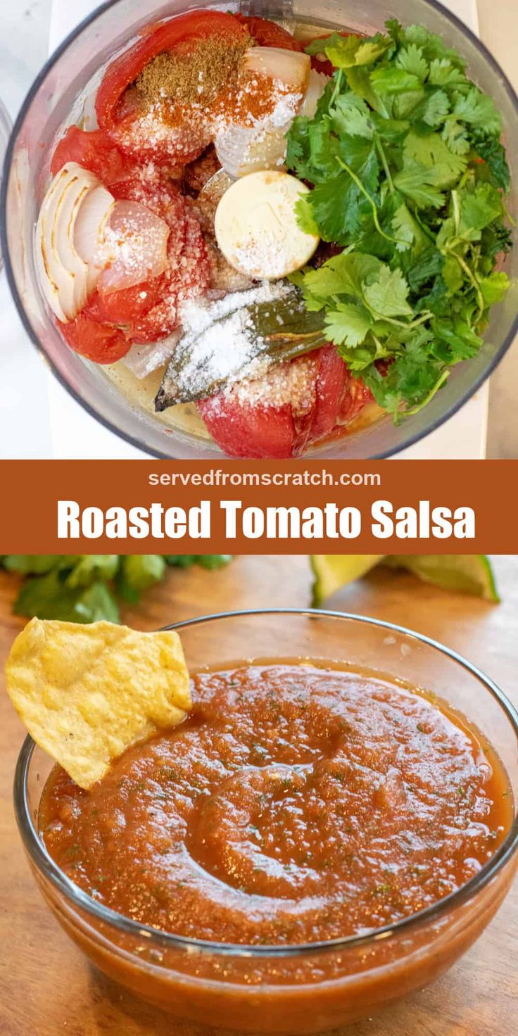 roasted tomato salsa in a glass bowl with tortilla chips