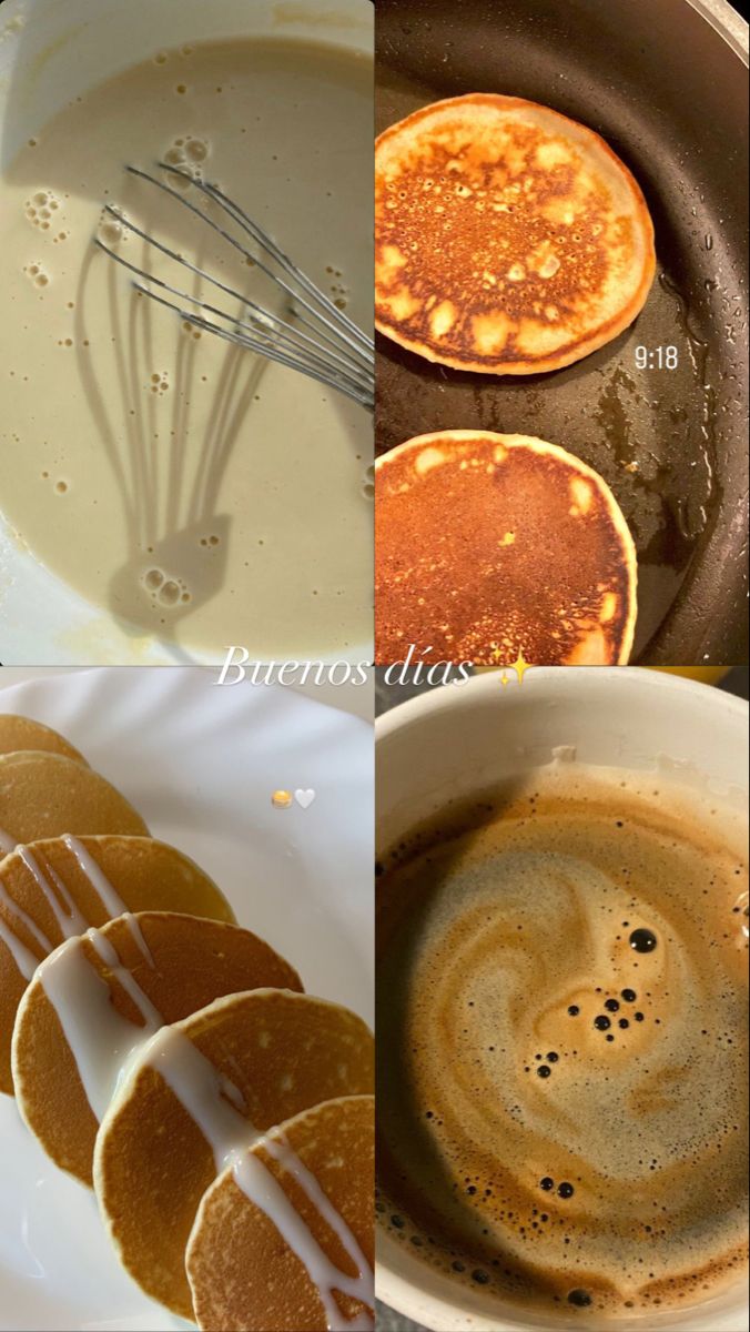 four different pancakes being cooked in a skillet