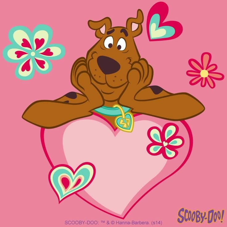 a cartoon dog sitting on top of a pink heart with flowers and hearts around it