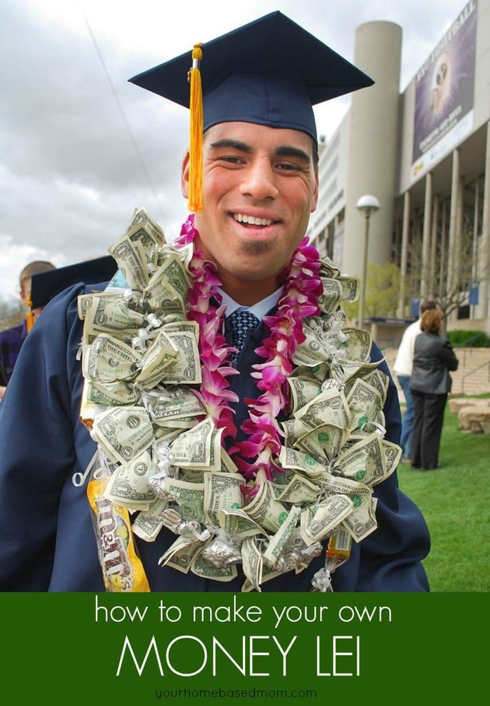 a man in graduation cap and gown with money lei around his neck that says, how to make your own money lei