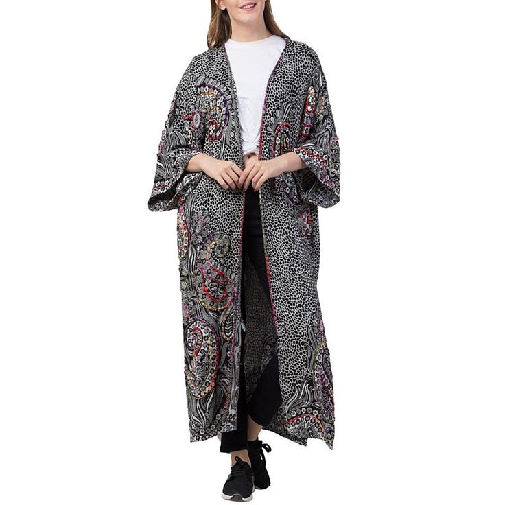 Raj Millie Thickstitch Embroidered Duster  Add depth and dimension to any look by adding this gorgeous embroidered duster. The dramatic length creates the perfect fit to complement any outfit. Long Printed Spring Outerwear, Black Maxi Length Kimono For Spring, Spring Black Maxi-length Kimono, Embroidered Fall Kimono With Kimono Sleeves, Traditional Oversized Outerwear For Spring, Long Outerwear With Intricate Embroidery For Spring, Long Spring Outerwear With Intricate Embroidery, Long Embroidered Outerwear For Spring, Spring Long Outerwear With Intricate Embroidery