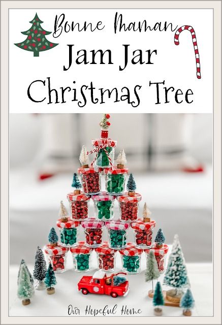 a christmas tree made out of jars and candy canes with text overlay that reads gone hawaiian jam jar christmas tree