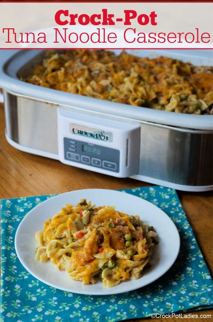 crock pot tuna noodle casserole on a plate next to the casserole dish