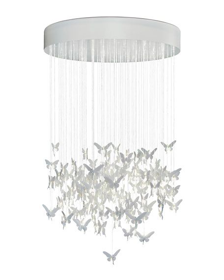 a white chandelier with butterflies hanging from it's center circle and rain drops falling off the ceiling