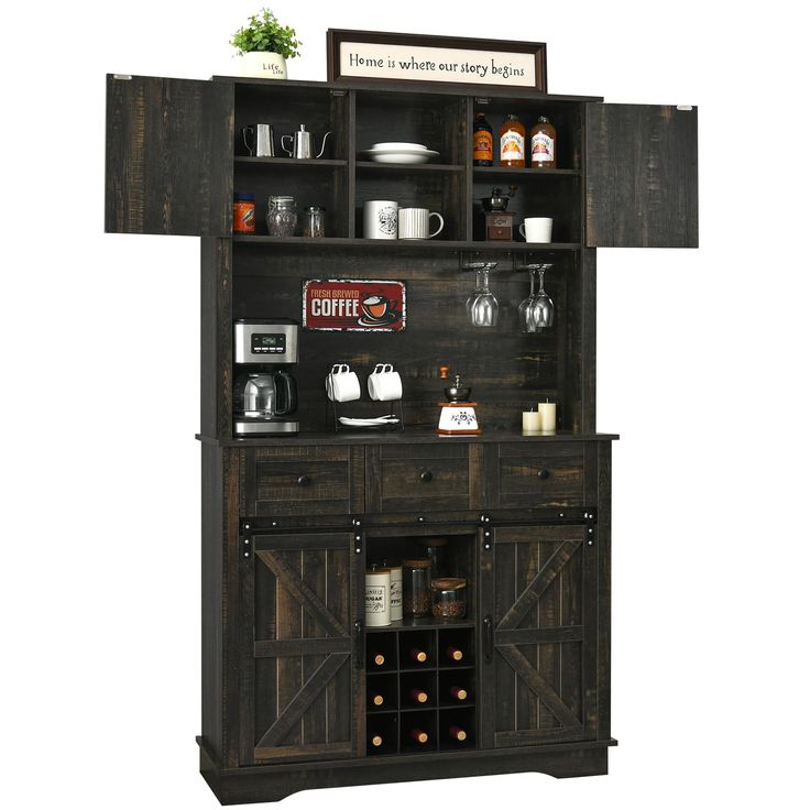 a wooden cabinet with wine bottles and other items on it's shelves, against a white background