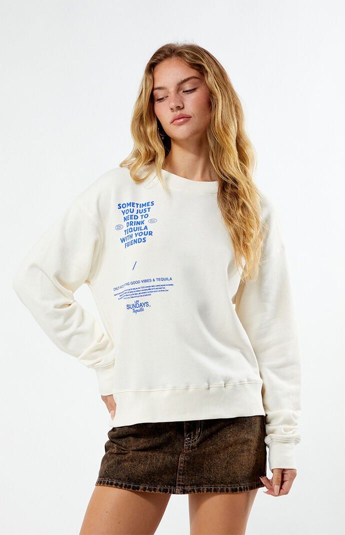 Elevate your casual style with The Sometimes Crew Neck Sweatshirt. This sweatshirt features a classic crew neckline and long sleeves. It showcases a playful "Sometimes You Just Need To Drink Tequila With Your Friends" graphic on both the front and back, adding a fun touch to your relaxed look. Solid color sweatshirtLong sleevesCrew necklineLong sleevesLos Sundays graphicsRibbed trimming50% cotton, 50% polyesterMachine washableModel is wearing a size smallModel measurements: 5’9” height, 32” bust, 23” waist, 34.5” hips Los Sundays Womens The Sometimes Crew Neck Sweatshirt - White size Small Long Sleeve Sweater With Screen Print In Relaxed Fit, Relaxed Fit Long Sleeve Sweater With Screen Print, Long Sleeve Text Print Sweatshirt For Everyday, Spring Crew Neck Sweater For Streetwear, Casual Crew Neck Sweater With Screen Print, Trendy Crew Neck Sweats With Letter Print, Everyday Sweater With Graphic Print Relaxed Fit, Relaxed Fit Graphic Print Sweater For Everyday, Crew Neck Sweatshirt With Letter Print