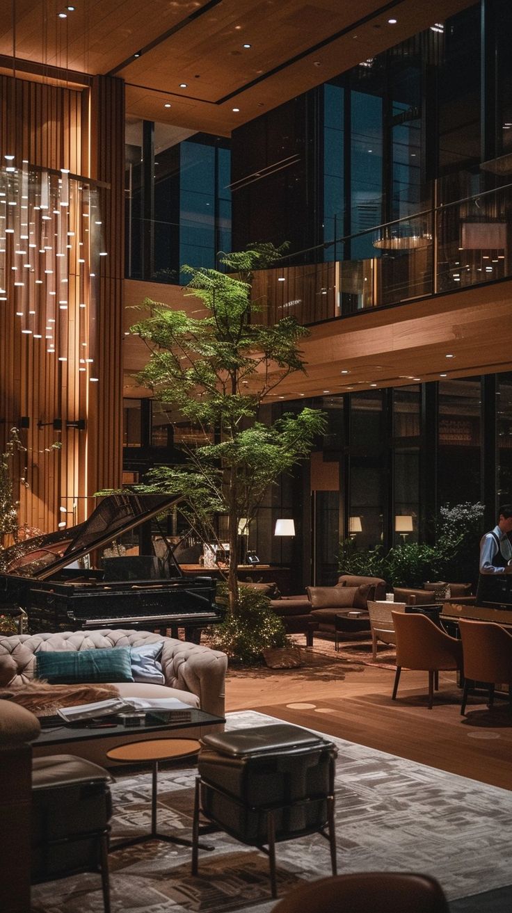 a living room filled with lots of furniture and a piano in the middle of it