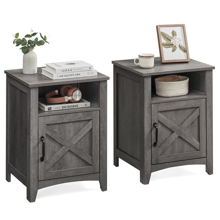 two wooden nightstands with one open and the other closed, both side by side