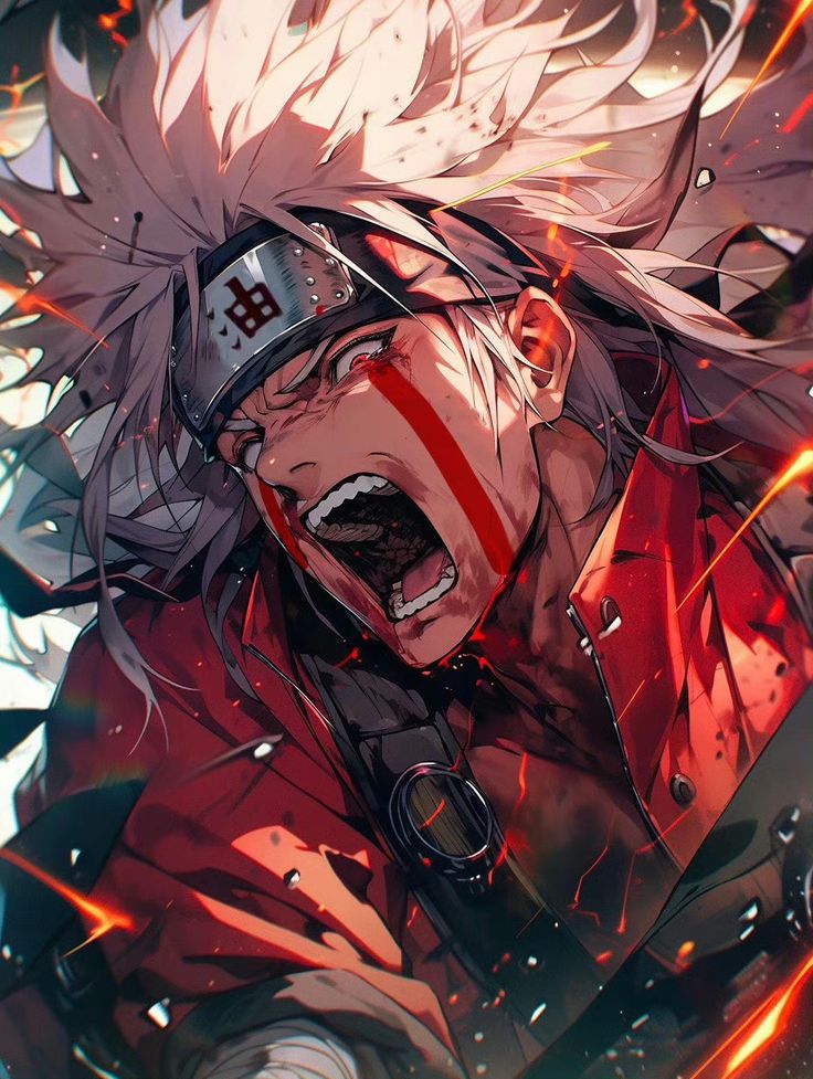 an anime character with white hair and red eyes, holding his head in the air