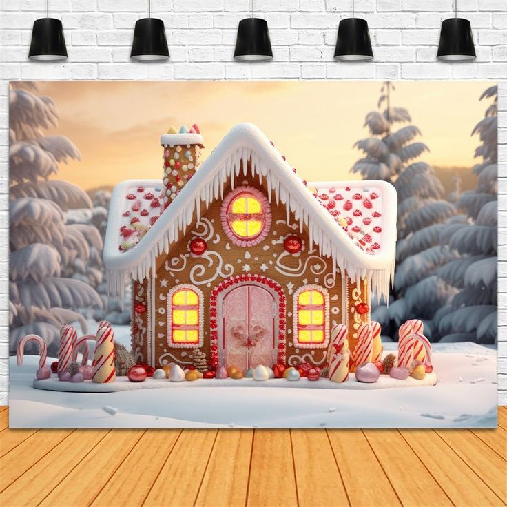 a christmas scene with a gingerbread house