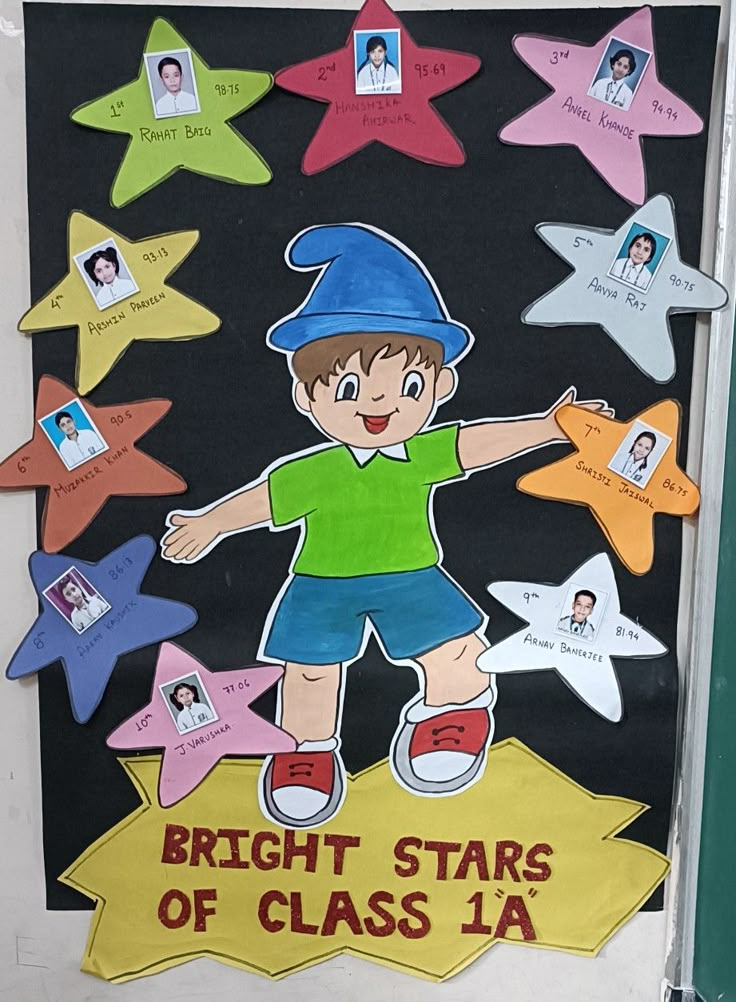 a bulletin board with pictures of children's stars and the words bright stars of class 11a