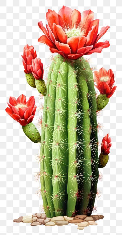 a green cactus with red flowers on it's head, transparent background png