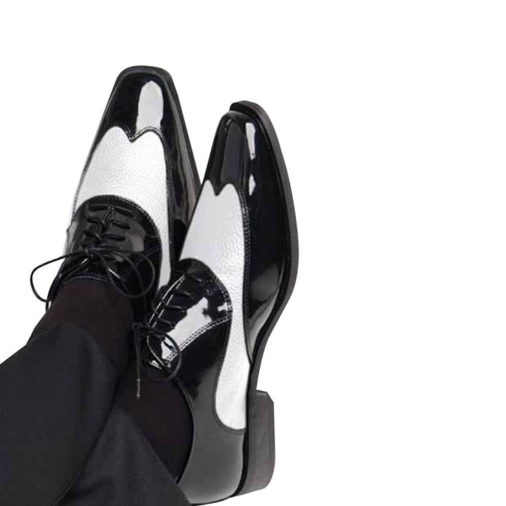 Tuxedo Black/White dress shoe Wing tip lace-up with patent finish, comfort cushioned innersole and black sole. Black And White Dance, White Dance, Men's Tuxedo, Tuxedo Shoes, Earthship Home, Tuxedo Black, White Dress Shoes, Tuxedo For Men, Black White Dress